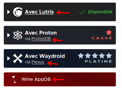 Capture d’écran de Penguin Runner, listant différents blocs de compatibilité. Des flèches rouges indiquent
              les liens que vous pouvez cliquer.