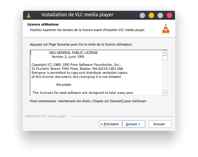 Une fenêtre de l'installateur VLC pour Windows montrant la licence GPL v2