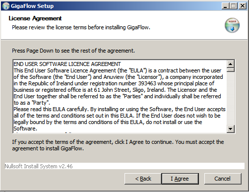 Une fenêtre d'un installateur Windows montrant une End User License Agreement propriétaire